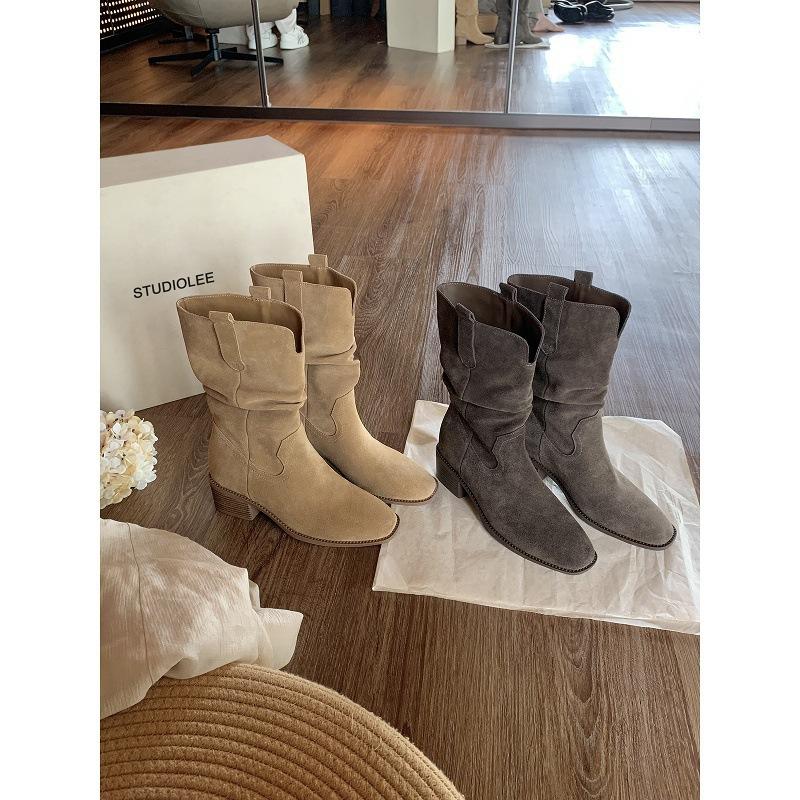 Cowhide grape mother with the same height increase of 8cm Korean round head V mouth thick heel thin pile short boots female western cowboy boots