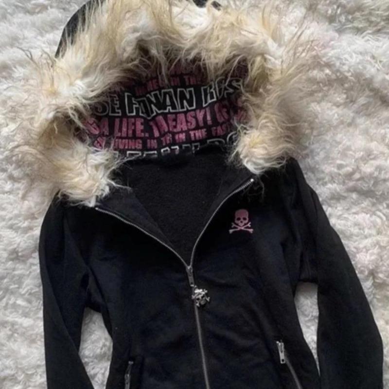 2KWEIRD Y2K Felpa con Cappuccio e Zip con Colletto in Pelliccia Nera Felpa Sexy da Donna Stampa Grafica con Lettere Goth Harajuku Cappotto Slim