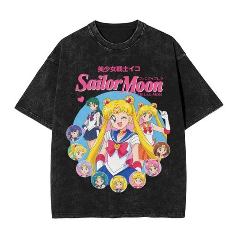 Sailors Moons Vintage Washed T Shirt  Women 100% Cotton Casual T-Shirt O Neck Anime Tees Short Sleeve Clothes Plus Size