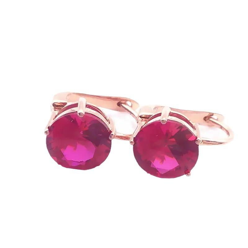Exquisite Purple Gold-Plated Rose Gold Inlaid Redstone Egg Surface Earrings, Fashionable Temperament, High-End Foreign Style Color Gold Earrings.