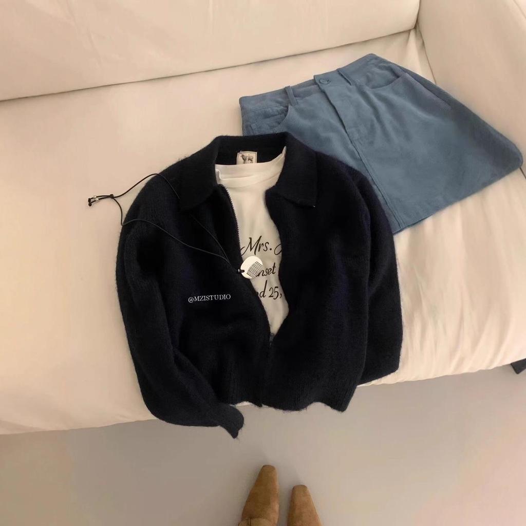 Ladies' Retro Knit Zipper Lapel Cardigan – Petite Fit, Autumn/Winter Casual Jacket