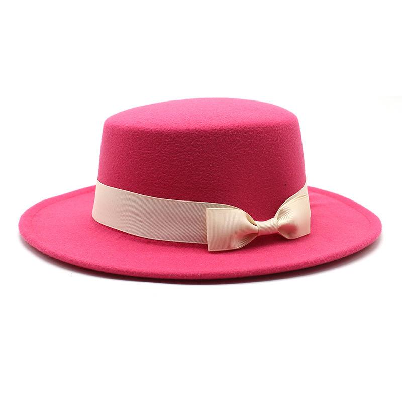New style autumn and winter men's and women's flat-brimmed hats, fashion bows, flat-topped top hats, men's and women's woolen jazz hats