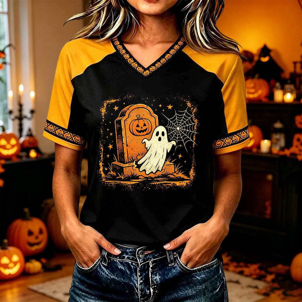 Women's Casual Short Sleeve Halloween Print T-Shirt for Everyday Festive Wear