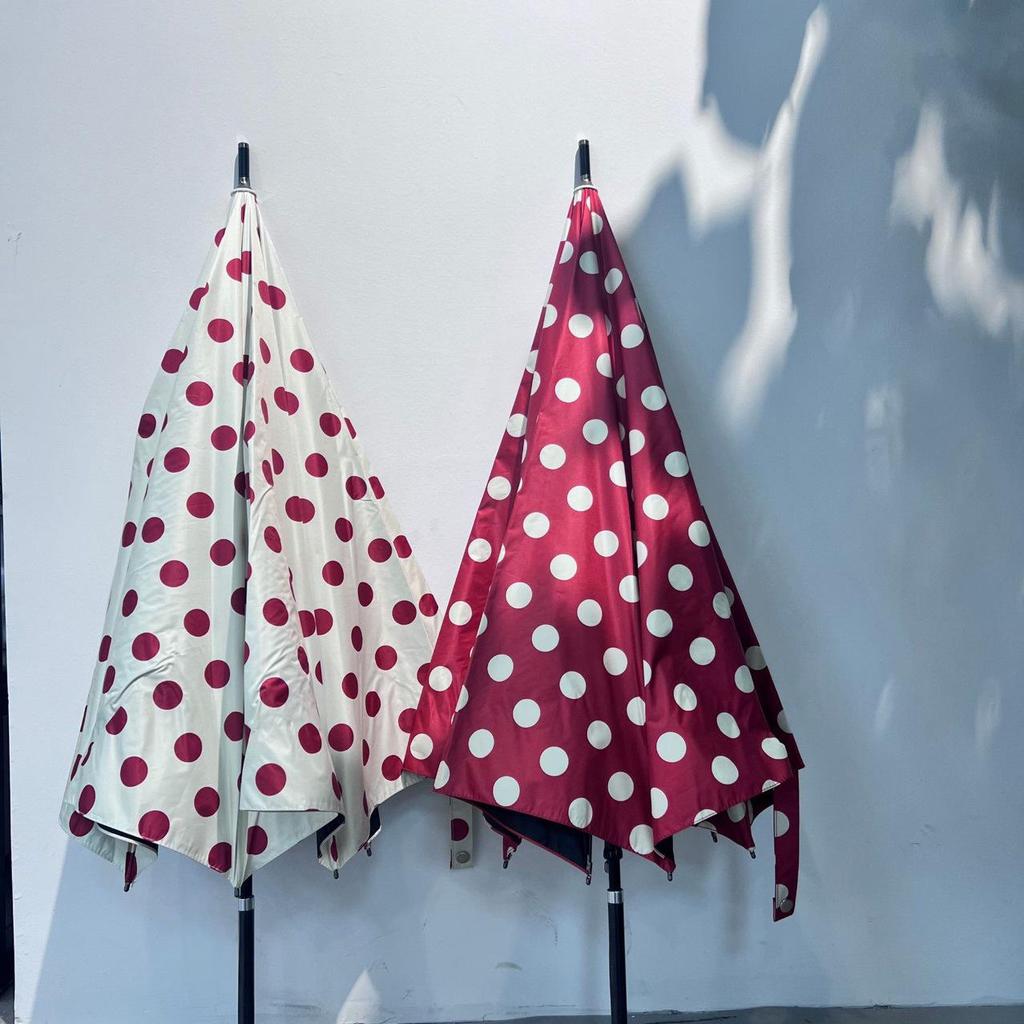 Korean Style Red Polka Dot Automatic Sun & Rain Umbrella – Windproof, Sun-Protective, 8 Ribs, Long Handle.