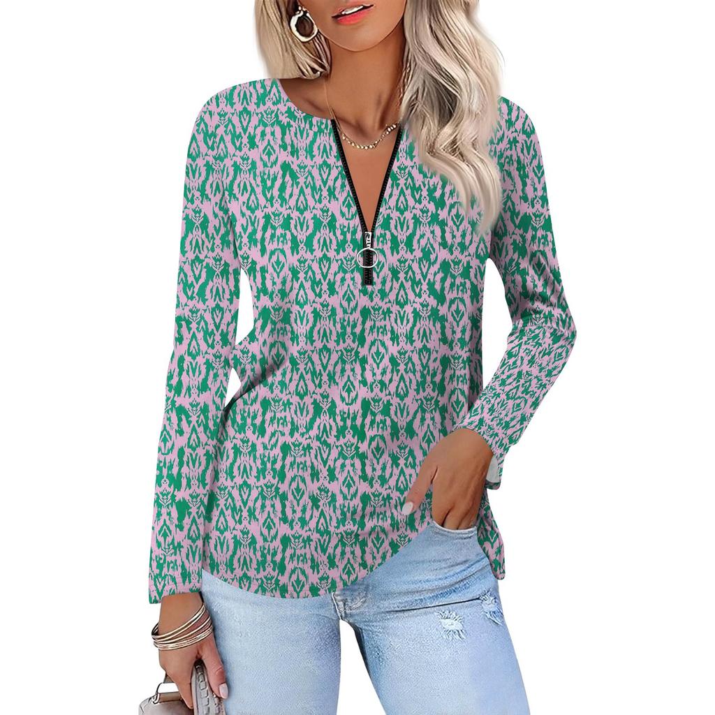 Damenmode Lässig Bedruckt Reißverschluss V-Ausschnitt Langarm Shirt Tops