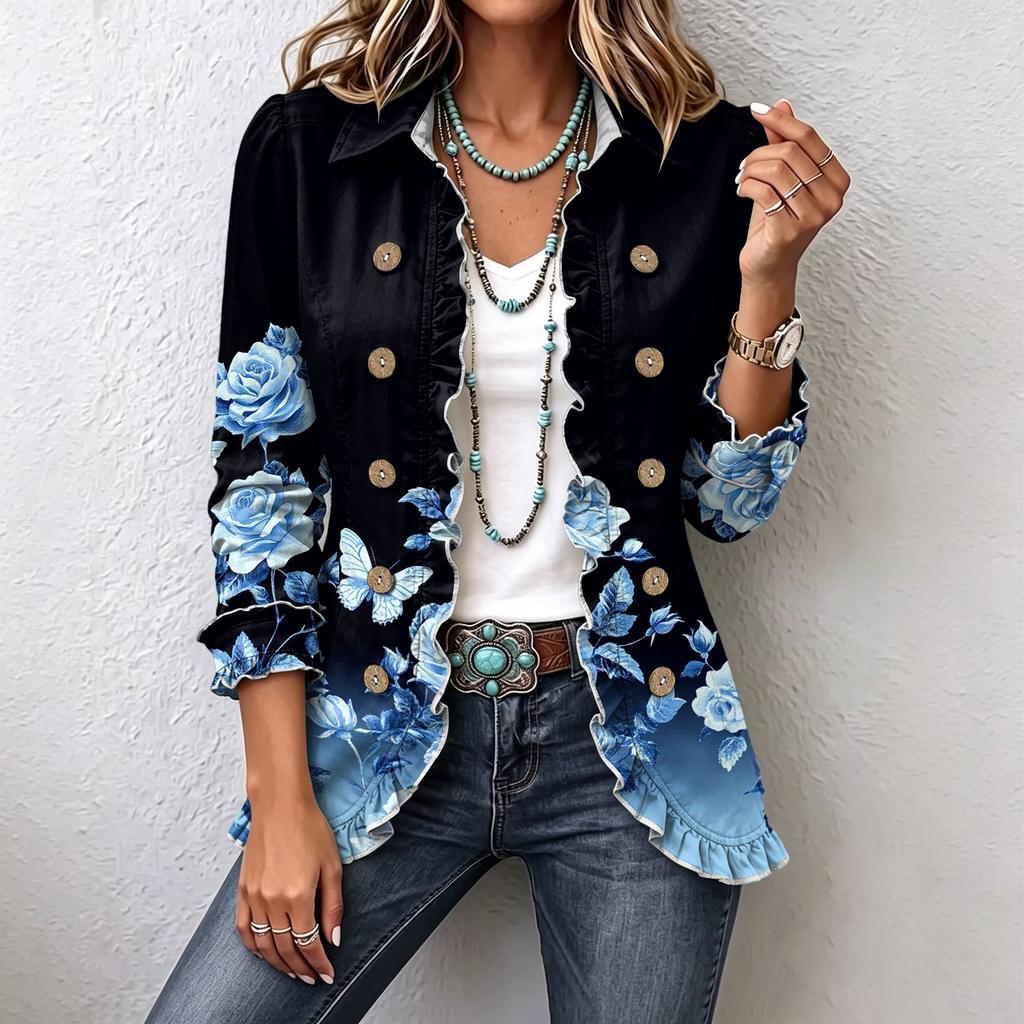 Women's Floral Print Long Sleeve Ruffle Trim Cardigan Top for Casual Everyday Wear