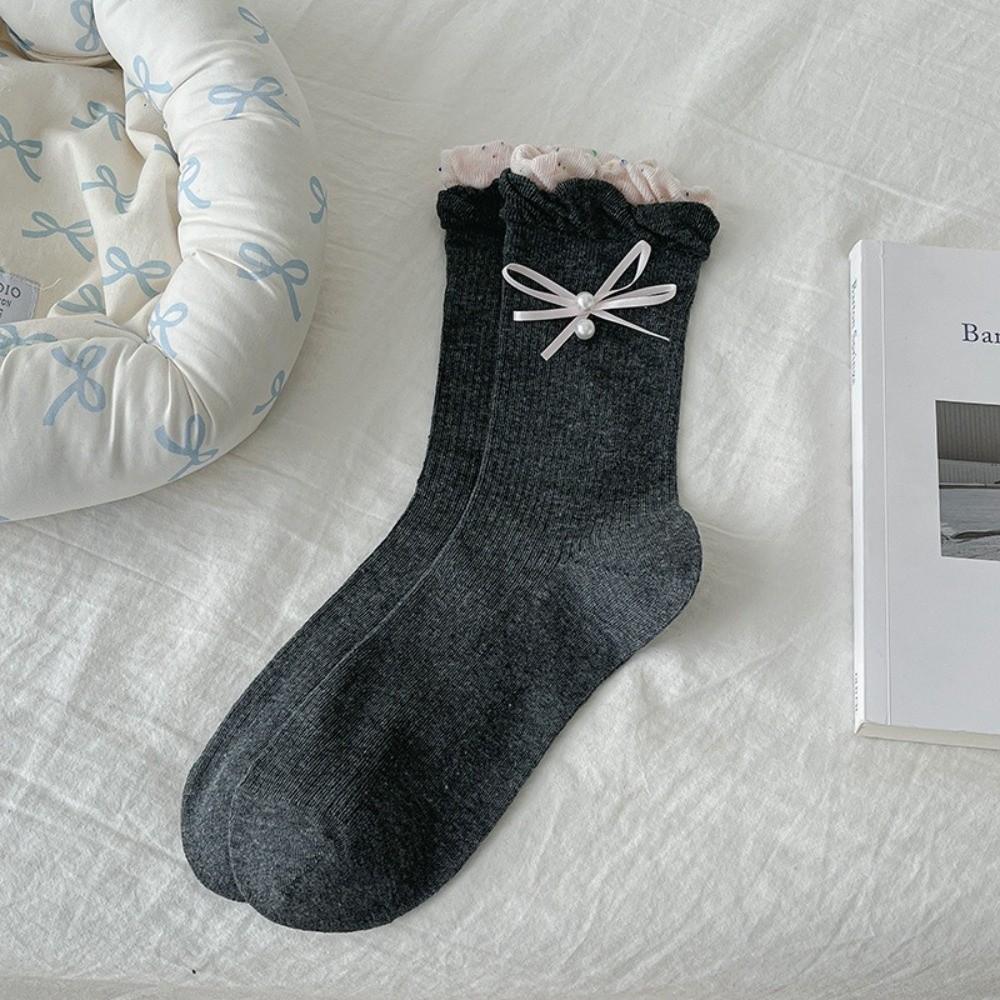 Cute Bow Socks Sweat Absorption Ruffle Socking New Mid Tube Socks  Spring and Autumn