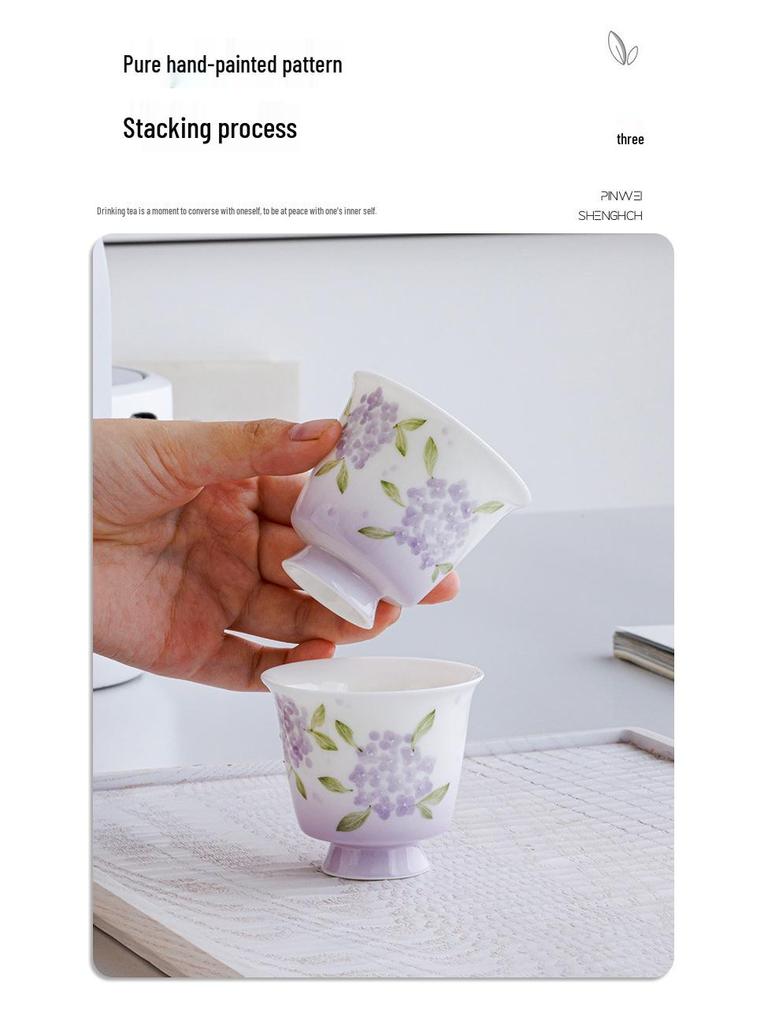 Hand-Painted Hydrangea Tea Cups Gift Set: Women's Kung Fu Tea Pair for Business and Souvenir Gifts
