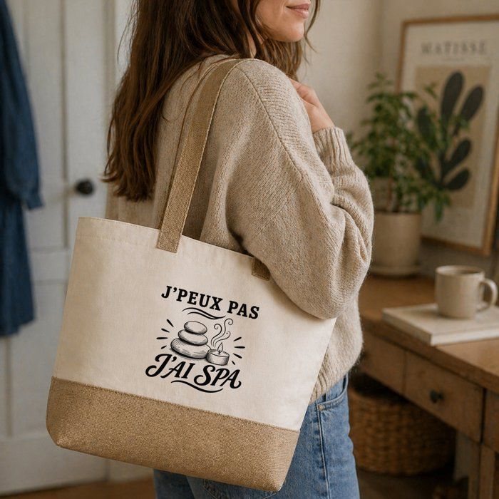 Sac J’peux pas j’ai Spa J'peux pas minimaliste | Cabas en Coton avec Fond Jute 18 L 48 × 37 × 13 cm | Marché Shopping Plage Courses