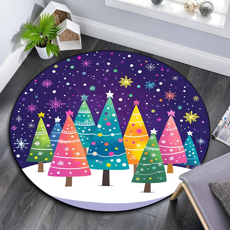 Colorful Trees Snow Winter Round Area Rug,Carpet Rug for Living Room Bedroom Sofa Playroom Decor,Non-slip Floor Mat