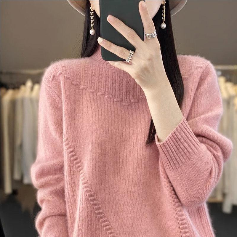 Осенний Свободный Женский Полуворотник Утолщенный Однотонный Простой Вязаный Свитер Пуловер Топ One size розовый 2490₽