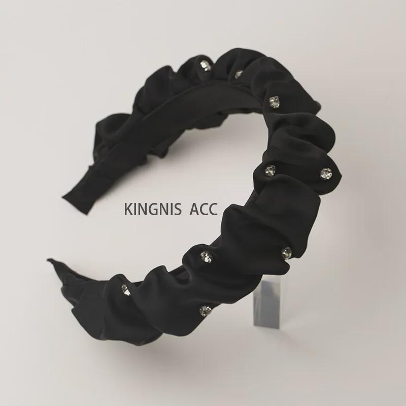 Korean Black Diamond Pleated Satin Headband: Non-Slip Wide-Brim Hair Accessory