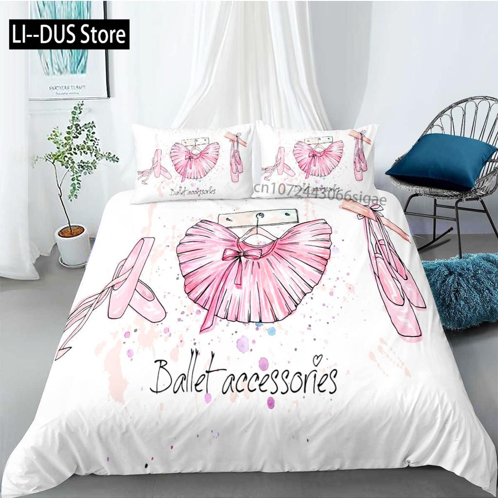 Ballett Bettbezug Set King Mikrofaser Ballett Accessoire Schuhe Kleid Bettwäsche Set für Mädchen Rosenblätter Sommerstil Steppdecke