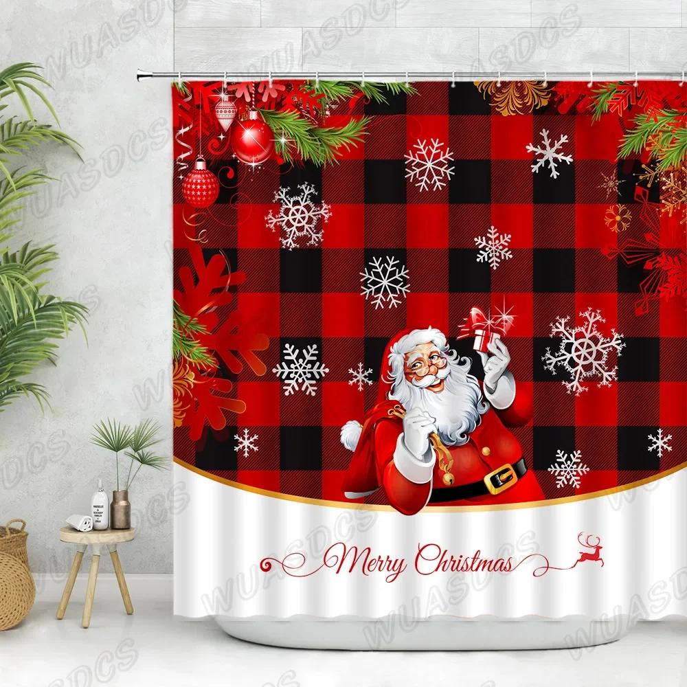 Christmas Shower Curtain Sets Vintage Red Truck Xmas Ball Pine Tree Snowman Winter New Year Gift Bathroom Decor Bath Curtains