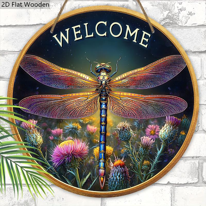 Rustic Wooden Welcome Sign with Dragonfly Pattern - Decorative Hanging Plaque for Front Door, Wall Decoration