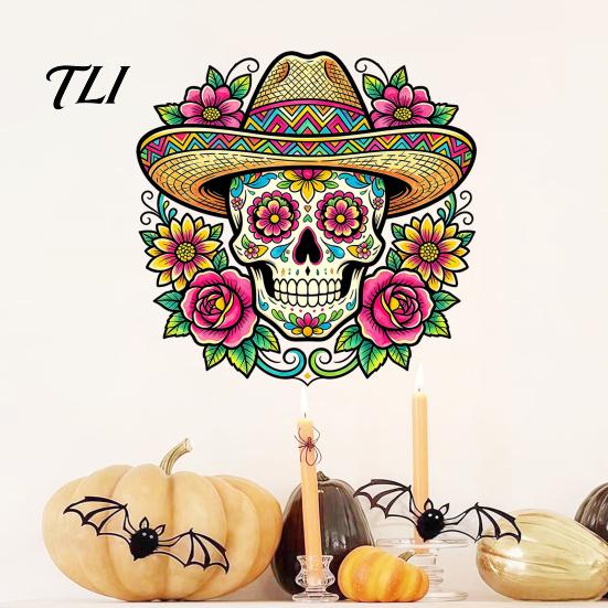 Décoration de Fête Latino-Américaine Autocollant Mural Crâne Fleuri, Décorations Imperméables d'Extérieur pour le Jour des Morts Autocollants pour Vitres, PVC Amovible