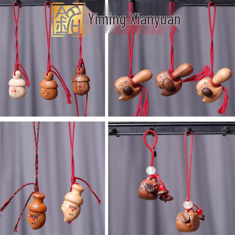 Peach Wood Carved Sword Axe Pendant Keychain