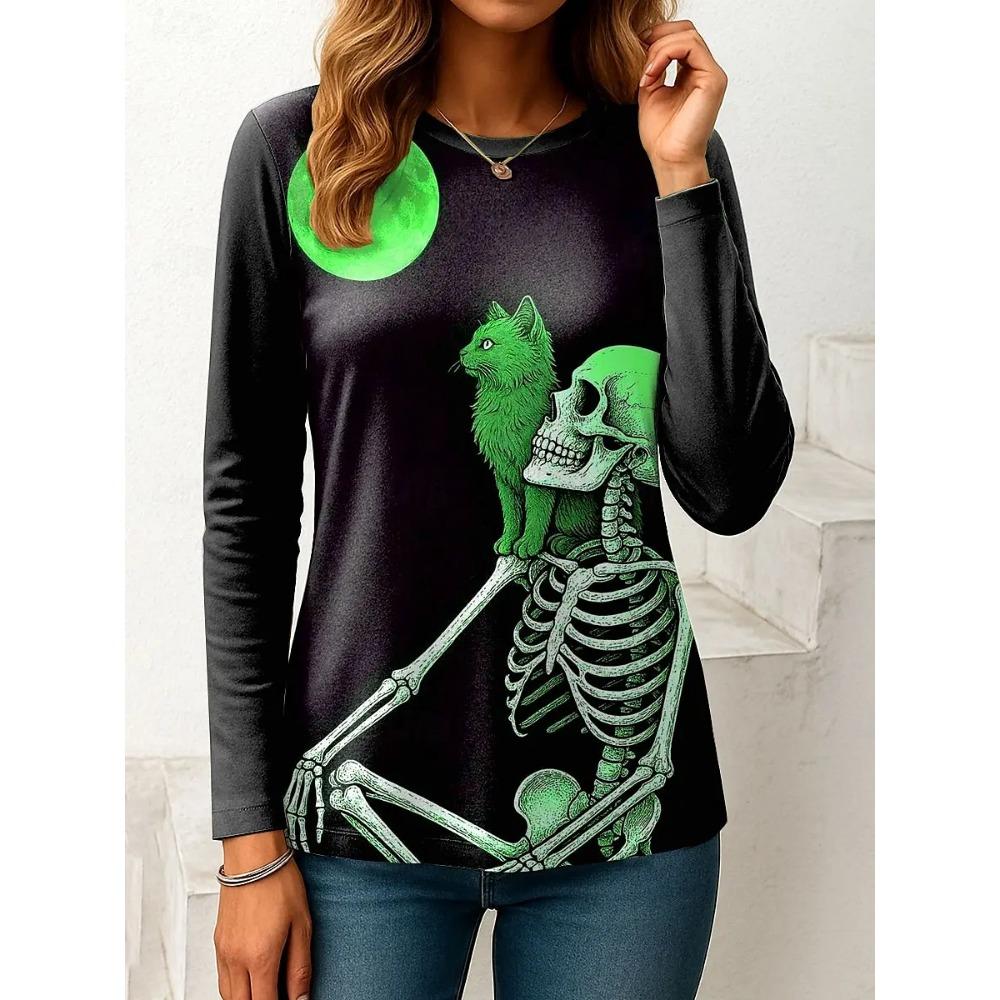 Women's Halloween 3D Printed Skull Long Sleeve T-shirts Autumn Loose Casual Round Neck Fashion Top