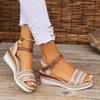 New Slope Heel Platform Sandals Straw Rhinestone Flash Simple and Comfortable Fashion Buckle High Heels