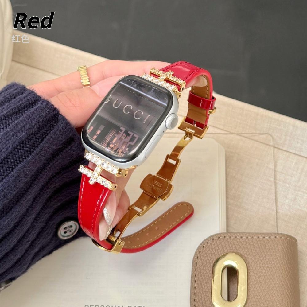 

Luxury For Apple Watch Ultra 49mm Band H-Shaped Diamond Butterfly Buckle Leather Strap Suitable for iwatch Series 11/10/9/8/SE3 46/45/44/42/41/40/38mm Series11/10 46mm червоний