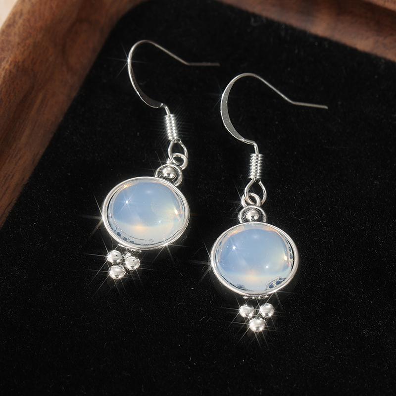 Vintage Okrągłe Wkładane Kolczyki Wiszące z Imitacją Kamienia Księżycowego Damskie Styl Etniczny Wiszące Sztyfty Bankietowe Ślubne Akcesoria Biżuteria