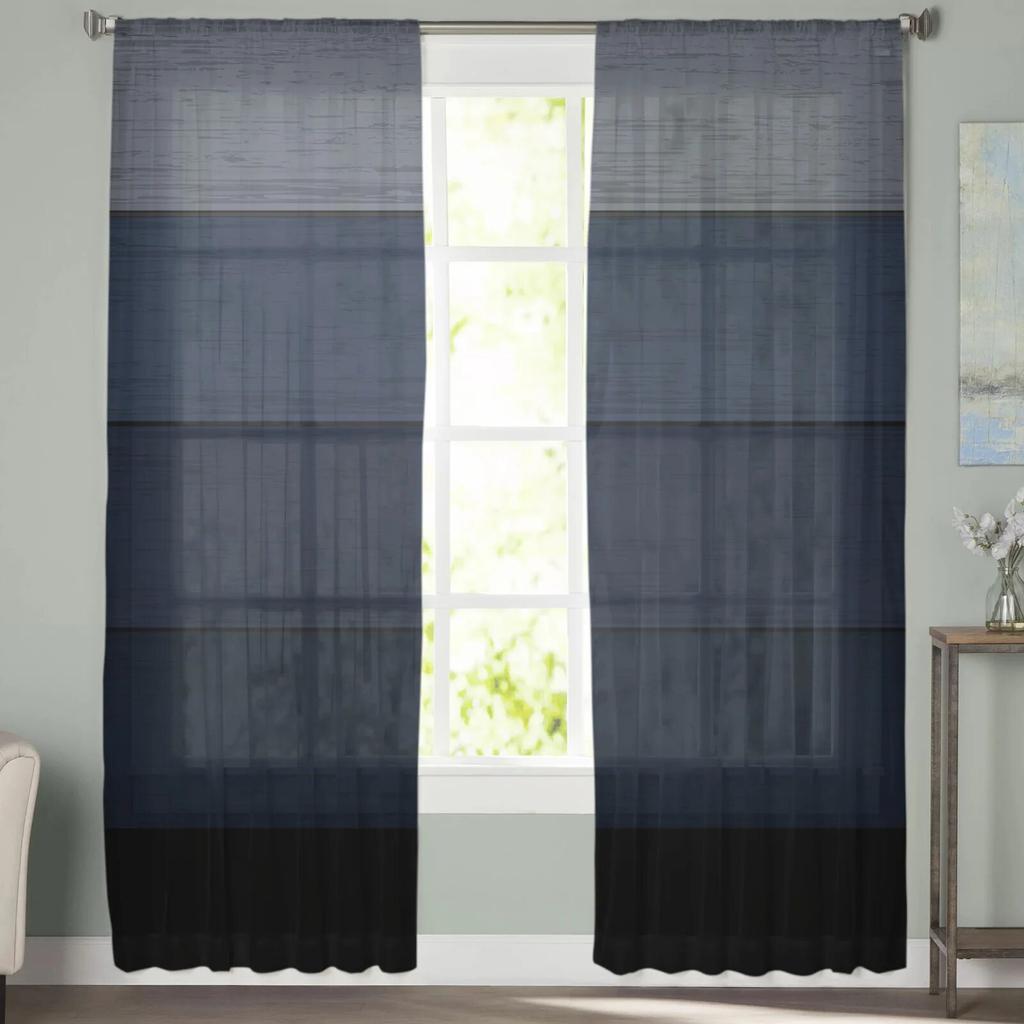 Wood Grain Navy Blue Gradient Sheer Curtain for Living Room Hall Window Dress Up Home Decor Tulle Curtains