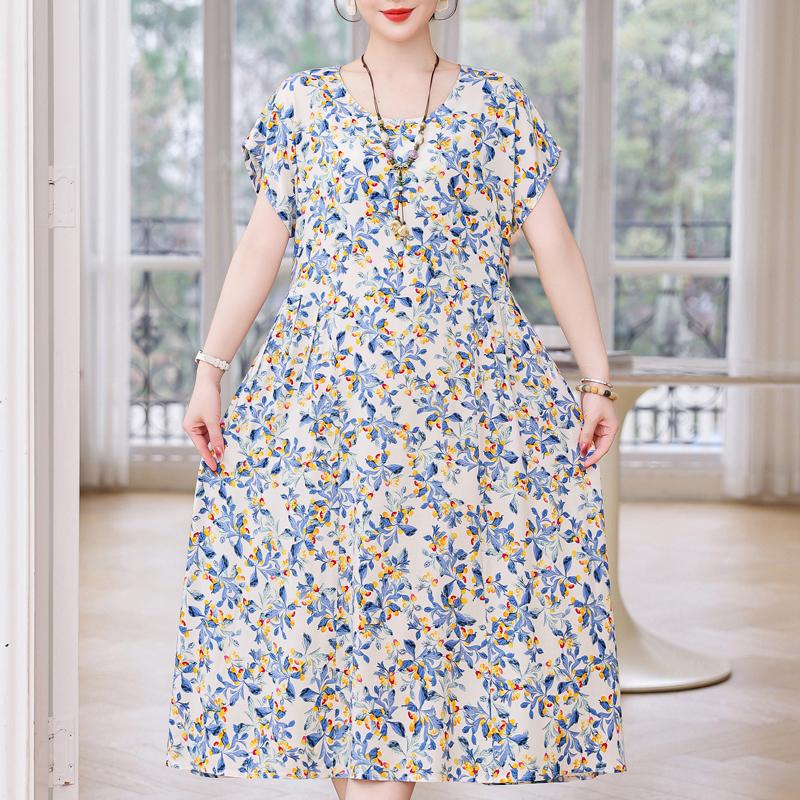 Plus Size Elegant Women Dresses Summer Vintage Clothes Short Sleeve Casual Long Dress