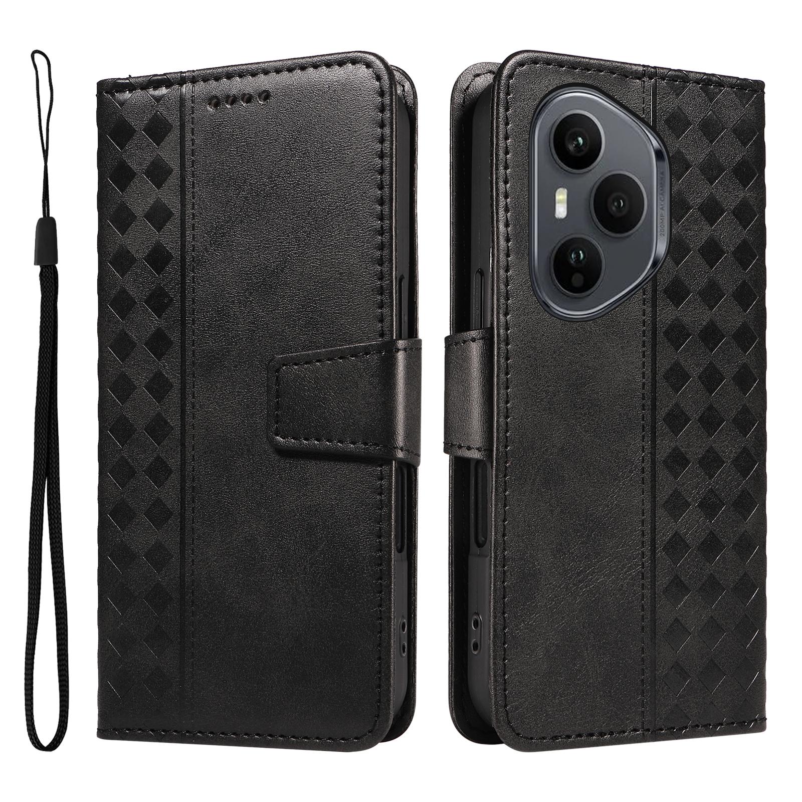 

For Honor 400 Pro 5G (Global) Leather Case Wallet Stand Grids Imprinted Phone Cover with Strap Black
