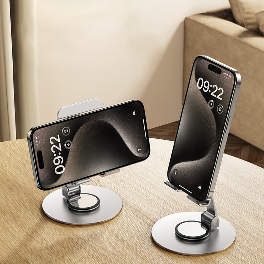 JUEJUEZI Foldable Cell Phone Stand, Metal Portable Phone Holder, Fully Adjustable Rotatable Cell Phone Holder for Desk, for Phone, Pad, Mobile,