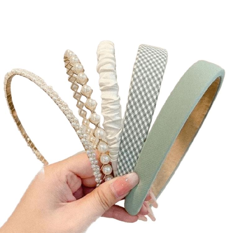 5PCS Blue Tone Stylish Hairbands Pearls Embellished Design Stretchable Fabric For Long Wear