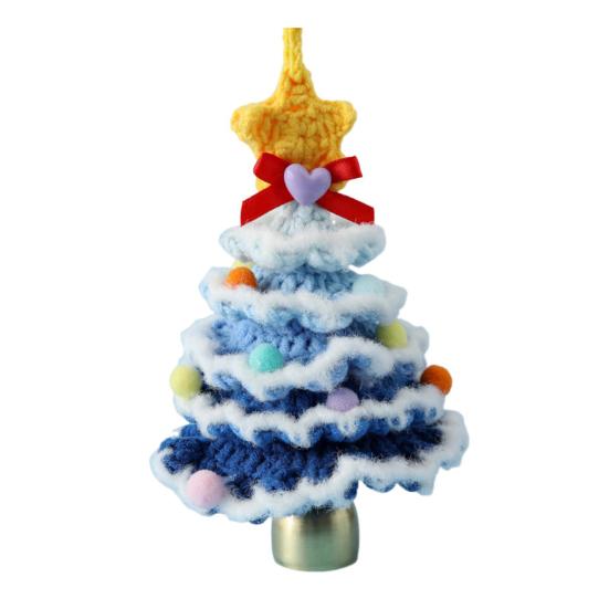 Handmade Mini Knitted Christmas Tree Ornament Multi-Layered Crochet Snow Flocked Tree with Gold Bells