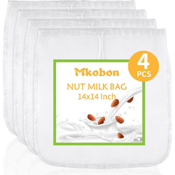 4 Pcs 12"x12" Nut Milk Bag, Fine Mesh Nylon Cheese Cloth Bag for Straining, Reble Strainer Bags for Almond Milk, Yogurt, Juice, Cheese Making, Cold