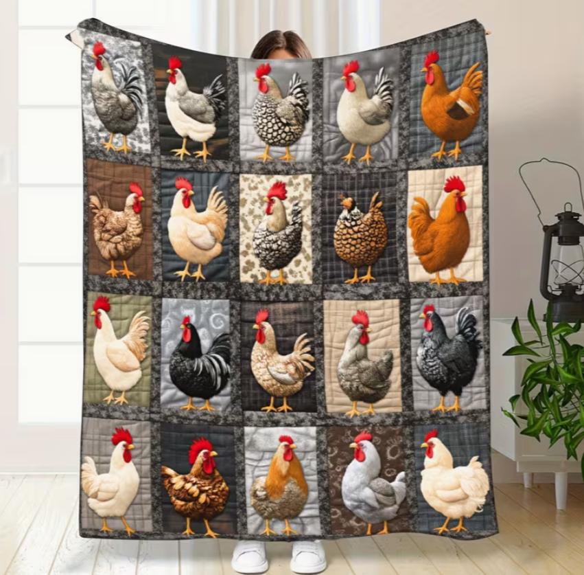 1pc This Colorful Plaid Farm Chicken Patchwork Flannel Blanket Features A Flock Of Multicolored Chickens And Floral Trim. Soft