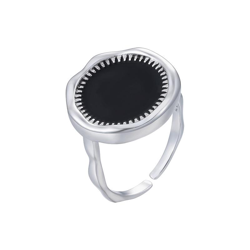 PANJBJ 925 Silver Geometric Black Dropwise Glaze Rings For Women Men Simple Korean Open Adjustable Handmade Jewelry Dropshipping