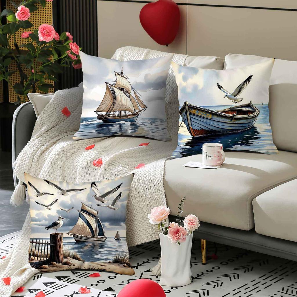 Seagull Ocean Sailing Theme Digital Printing Pillow Cover Short Plush Suitable Living Rooms Bedrooms Sofas Throw Cushion Cover
