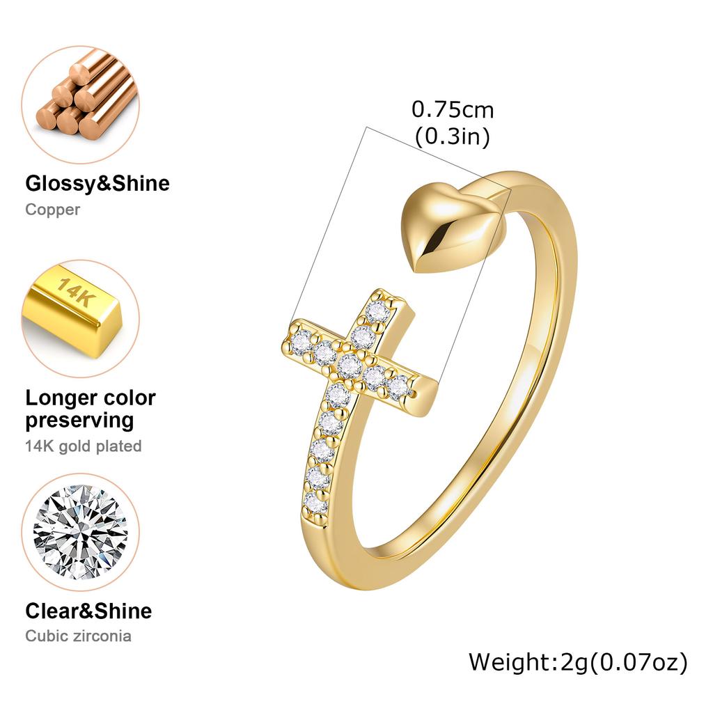 Exquisite Zircon Cross Ring for Women,Open Adjustable Heart Rings,Dainty Fashion Jewelry Gift