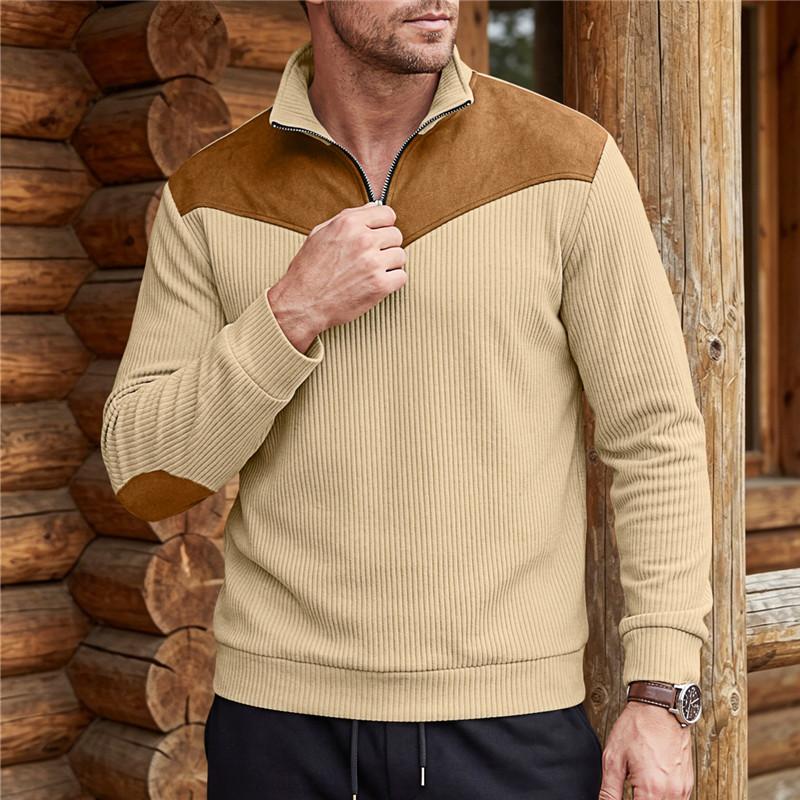 Herbst Winter Herren Color Block Sweatshirt Vertikal Rippstrick Halber Reißverschluss Stehkragen Pullover Wildlederflicken Schulter Ellbogen Vintage Lässig Langarm Oberteile