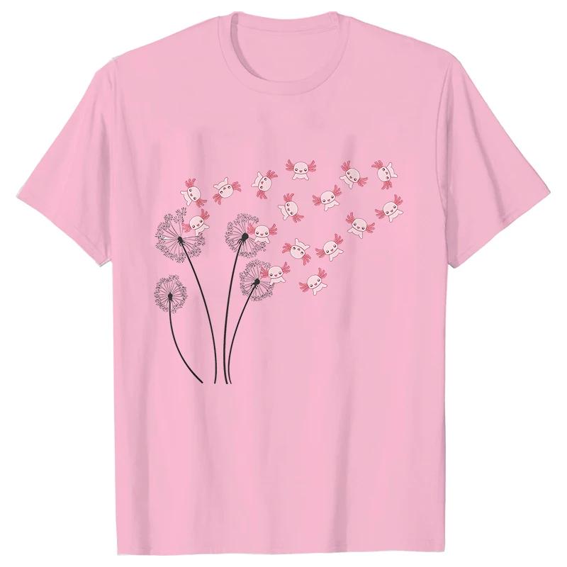 Dandelion Axolotl Flower T-shirt for Women Fashion Casual T-shirts Short Sleeve Axolotl Lover Women Tee Shirt Kawaii Clothing Shirts