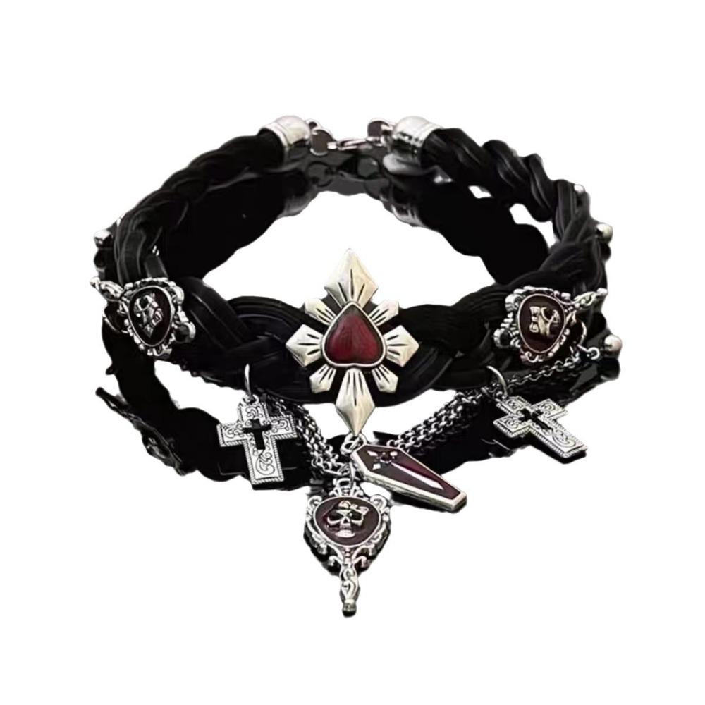 Punk Y2k Subculture Red Drip Glaze Skeleton Cross-tassel Black Leather Multi-layer Collar Necklaces for Women Halloween Jewelry