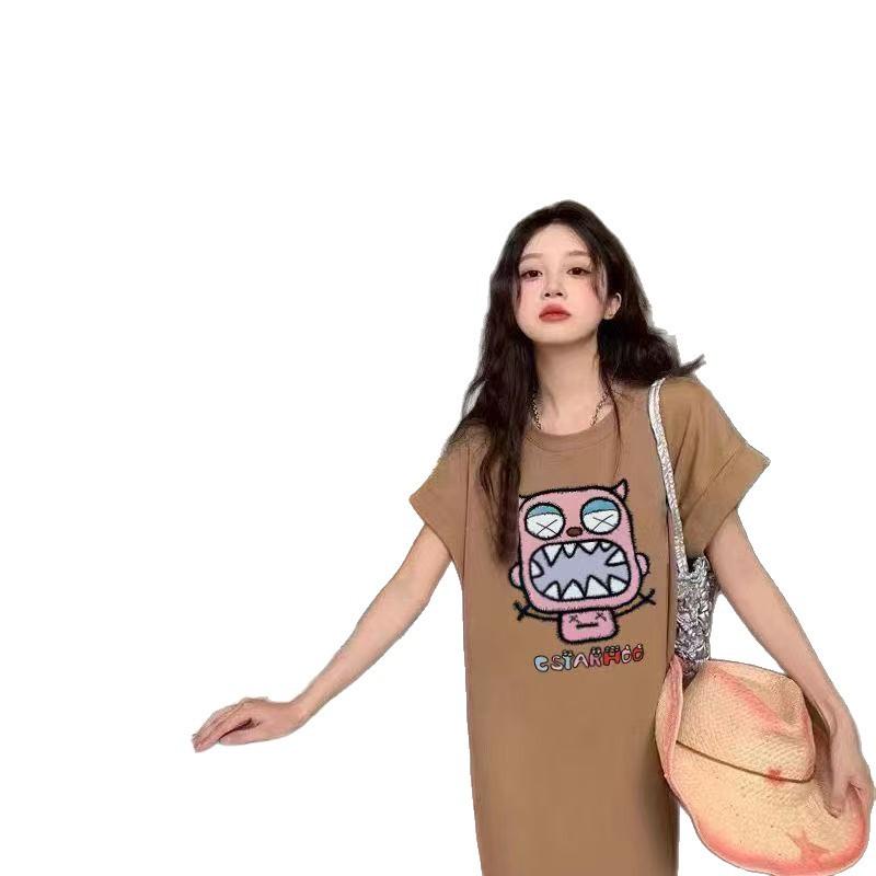 This Is A New Summer Dress with A Funny Pattern Printed Slit Short-sleeved, Round-neck, Loose and Versatile Design