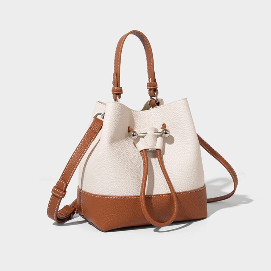 2025 New Patchwork Women Bucket Bag Pu Leather Drawstring Shoulder Bag Korean Style Casual Light Youth Crossbody Bag Sale