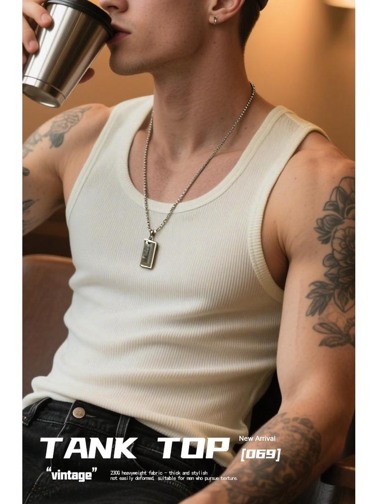 Vintage White Cotton Ribbed Tank Top for Men - Heavyweight Fitness Vest