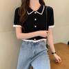 VAYLA Button Short Tops Tees Patchwork Y2k Shirt Clothing Women Pullovers Jumper Striped Sweater Fungus Blouse For Girls