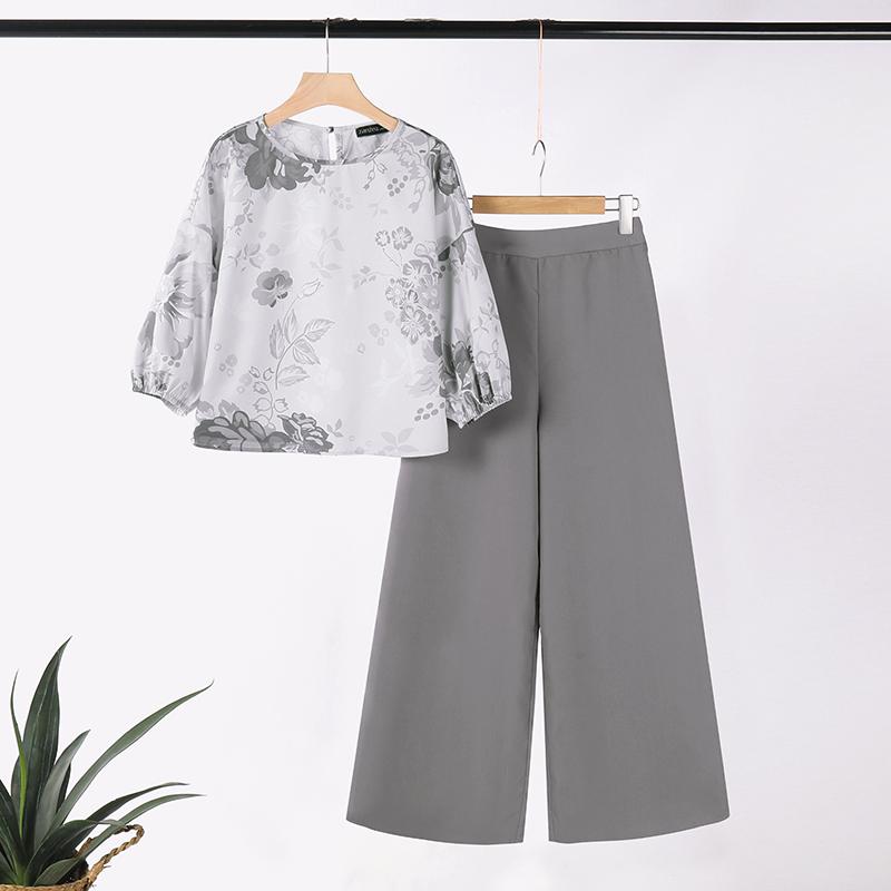 

ZANZEA Цветочная блузка и широкие брюки, повседневный комплект из двух предметов 5XL