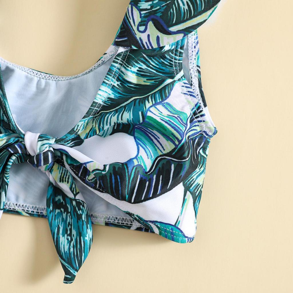 Girls' Green Leaf Print Two-Piece Bikini Set with Sun Protection