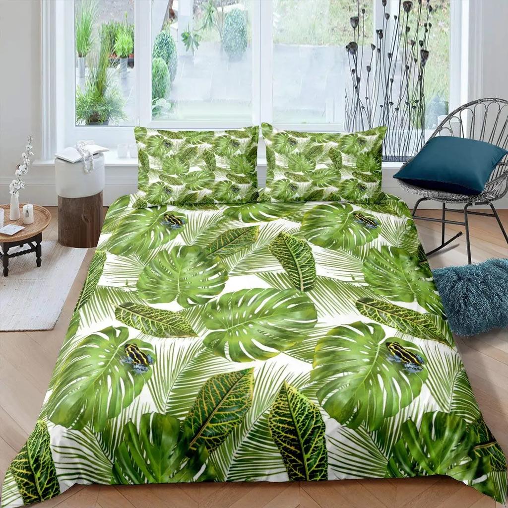Palm Leaves Duvet Cover King Full Banana Leaves Bedding Set Hawaiian Tropical Leaves Green Branches 2/3Pcs Polyester Quilt Cover
