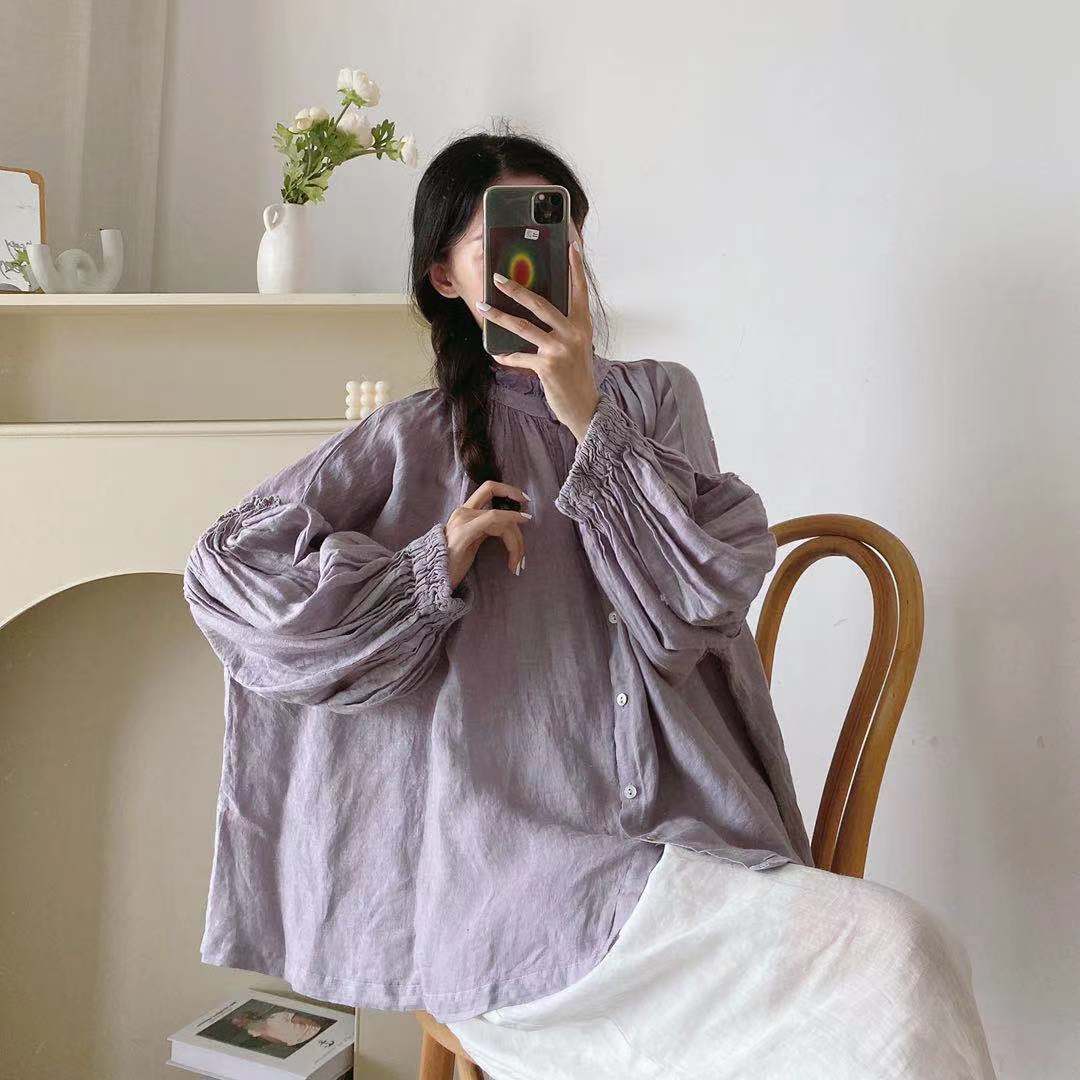 

Johnature винтажные льняные женские топы и блузки, осенние свободные однотонные рубашки с рукавами-фонариками и оборками One Size фиолетовый