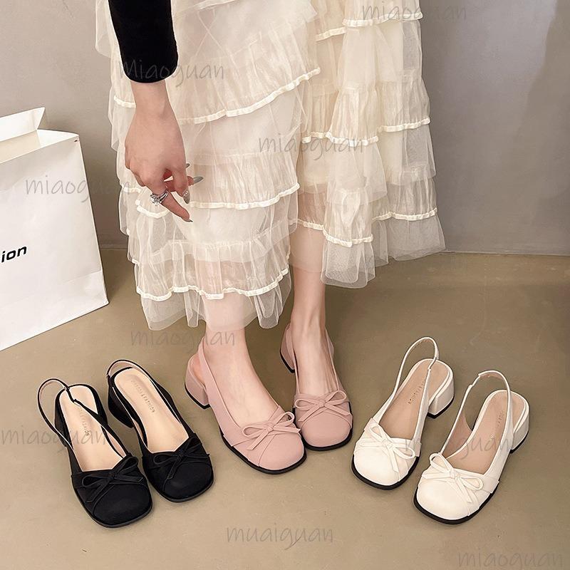 Fashion Spring Summer New Sweet Square Head Thick Heel Butterfly Knot Sandals Women Satin Mid Heel Pumps Elegant Shoes Comfortable