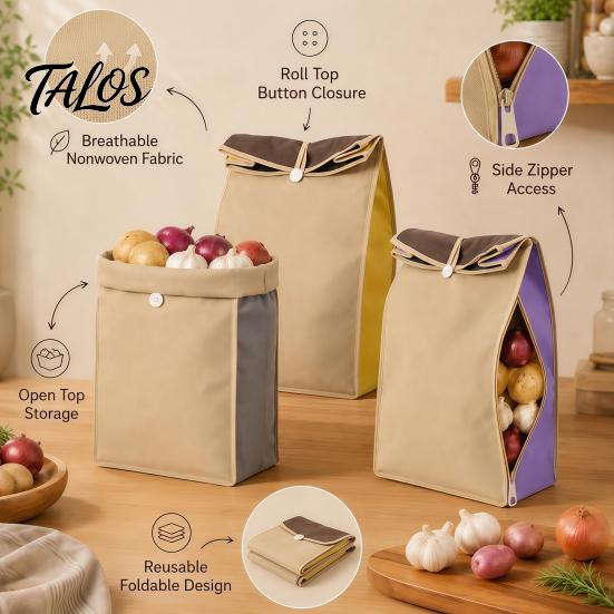 Flexible Pantry Storage Solutions Self Sealing Potato Bag, Breathable Non-woven Roll Top Closures Foldable Produce Bags Organizer, Reusable