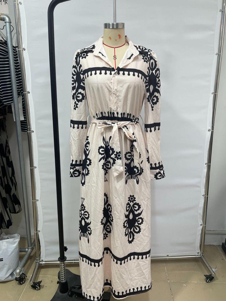 2025 Autumn/Winter European & American Print Lace-Up Long Sleeve Dress